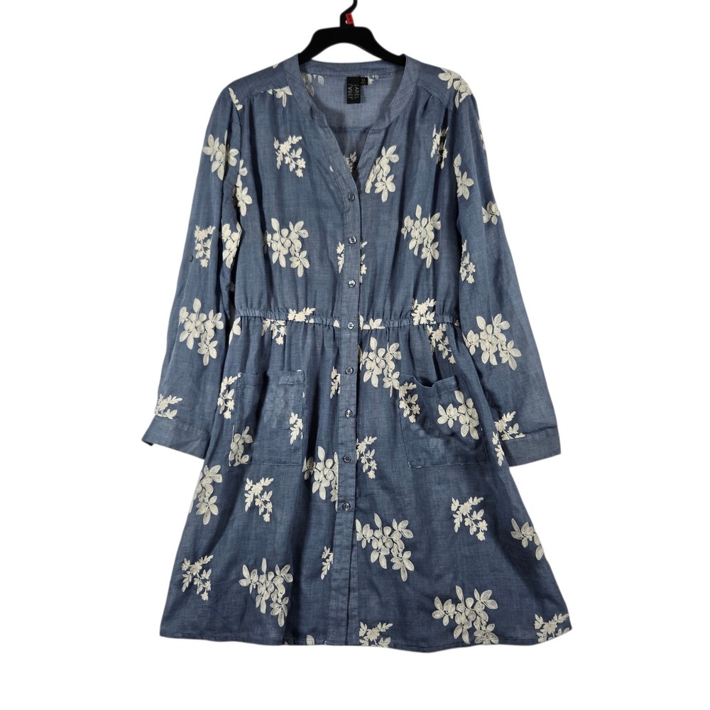 Label by Five Twelve Shirt Dress Womens 14 Blue White Floral Embroidered